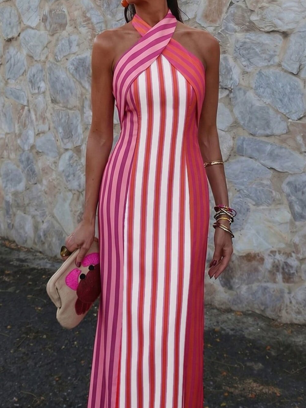 Fuchsia Elegant Women's Multicolor Striped Dress